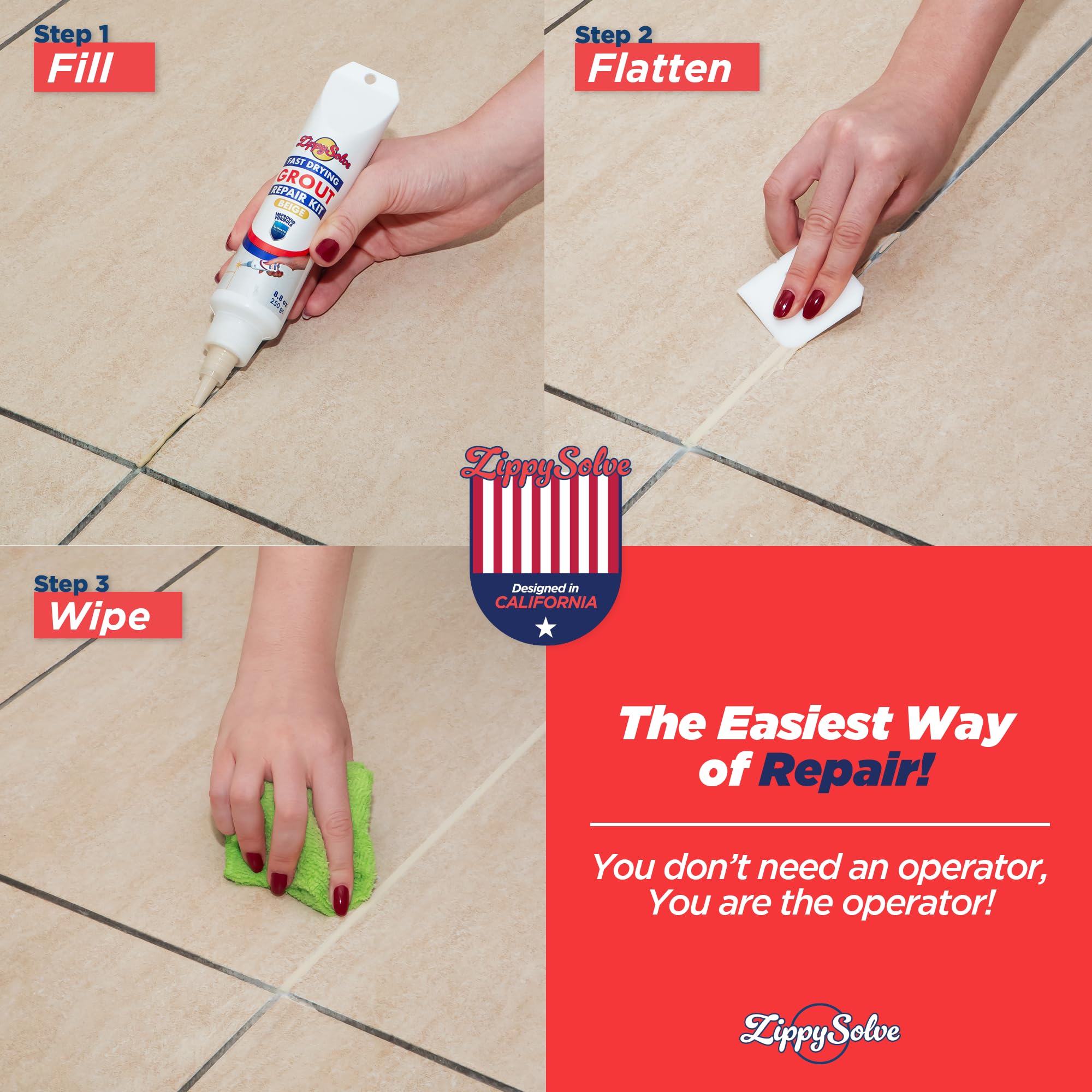 ZippySolve all-in-one kit components shown for DIY grout renewal.