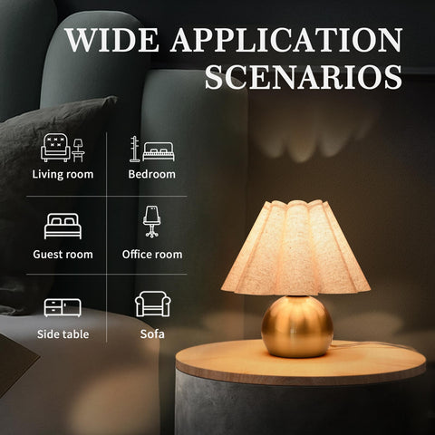 Ziqqeelam beige linen shade highlighting soft, directional light on nightstands.