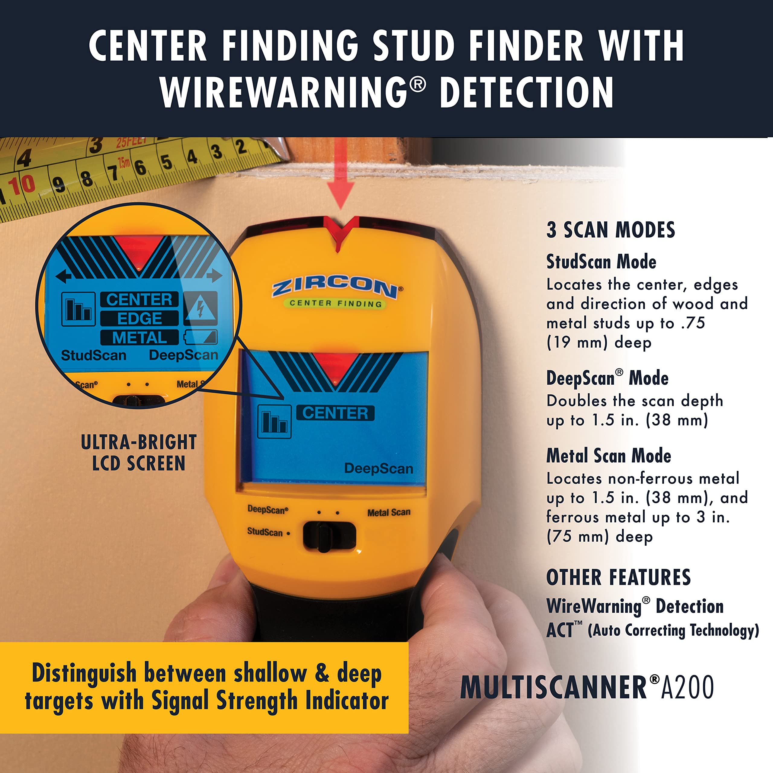 Zircon MultiScanner A200 SpotLite Pointer marks stud centers for precise mounting