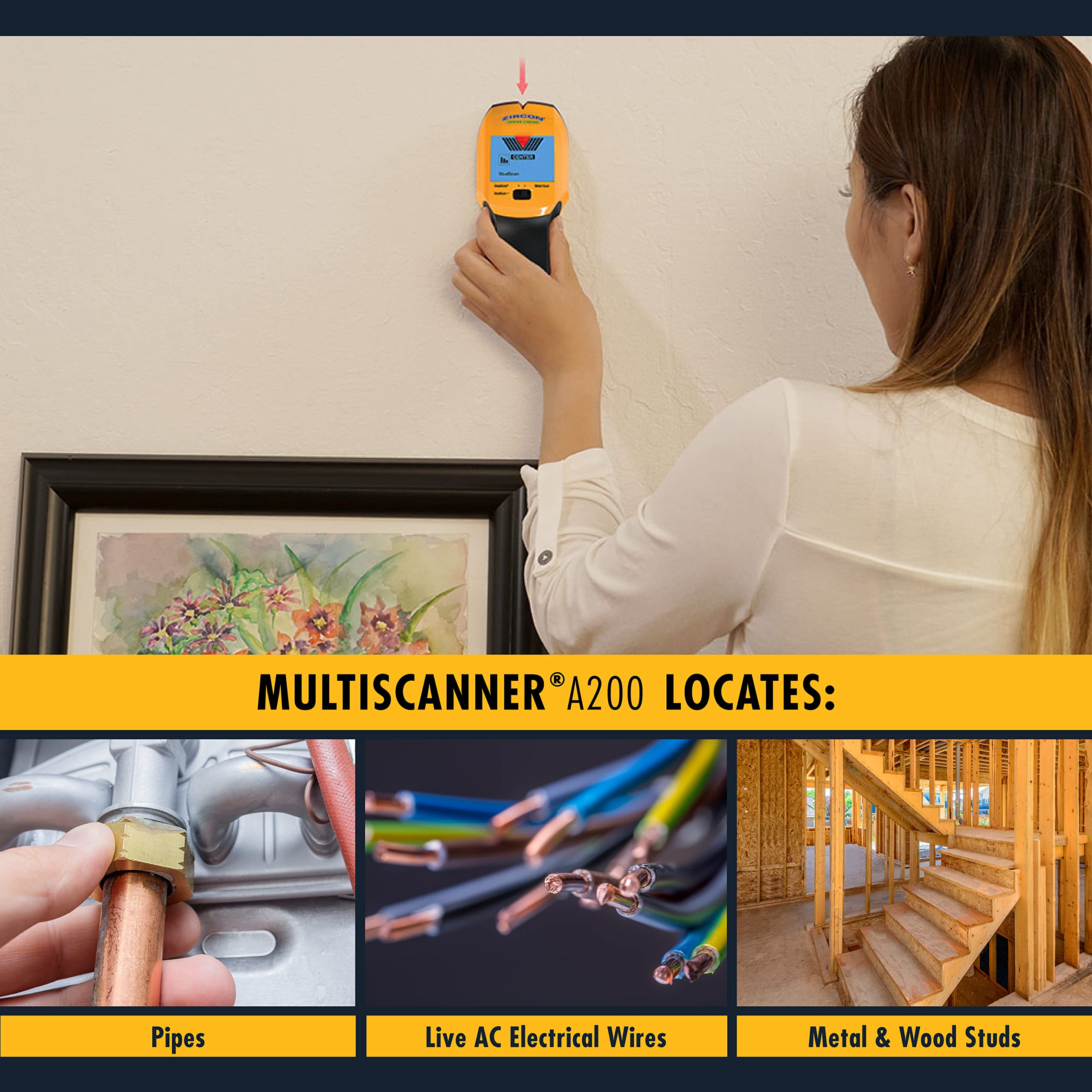 Zircon MultiScanner A200 StudScan mode detects wood studs during renovations