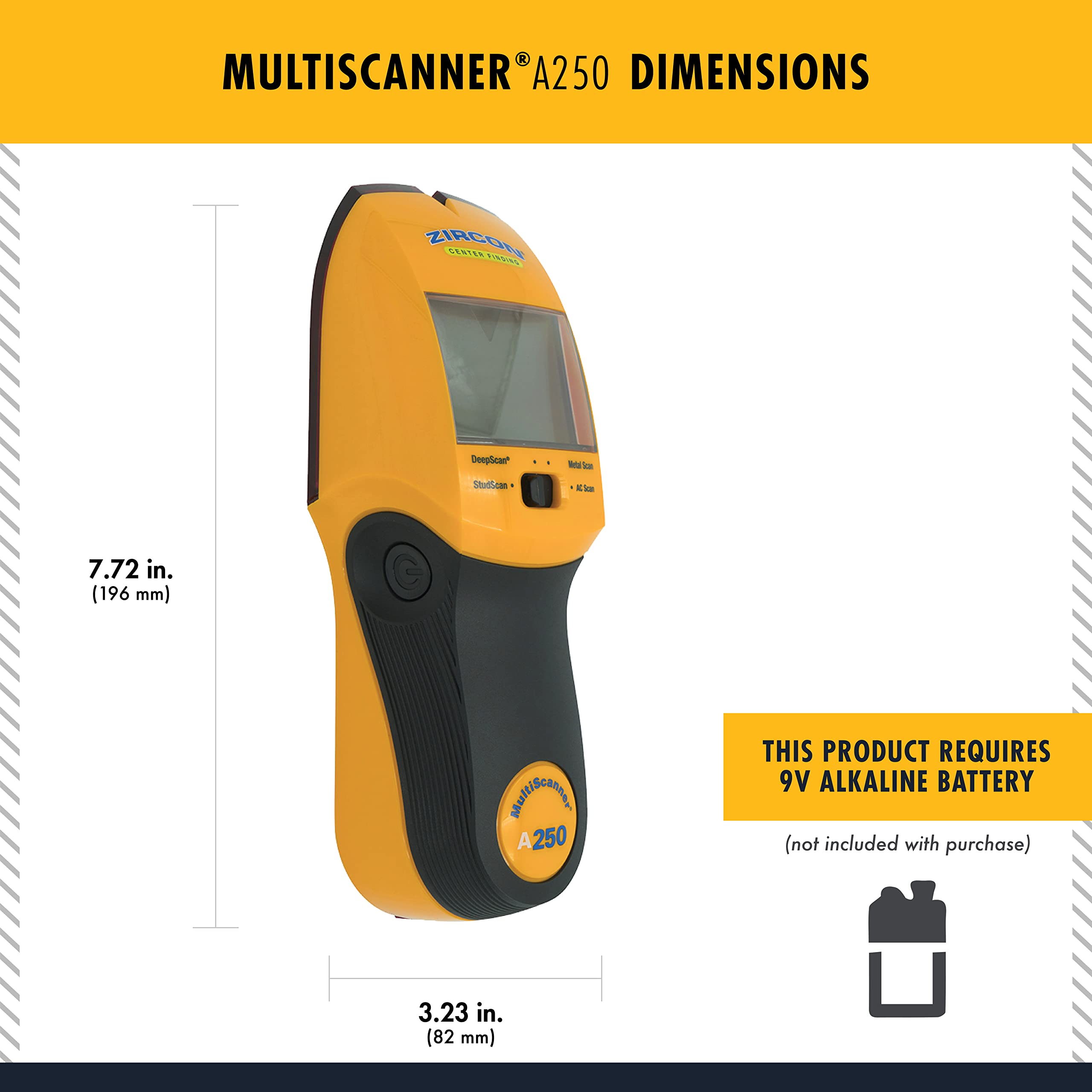 Zircon MultiScanner A250 AC Scan detects live wiring before drilling.