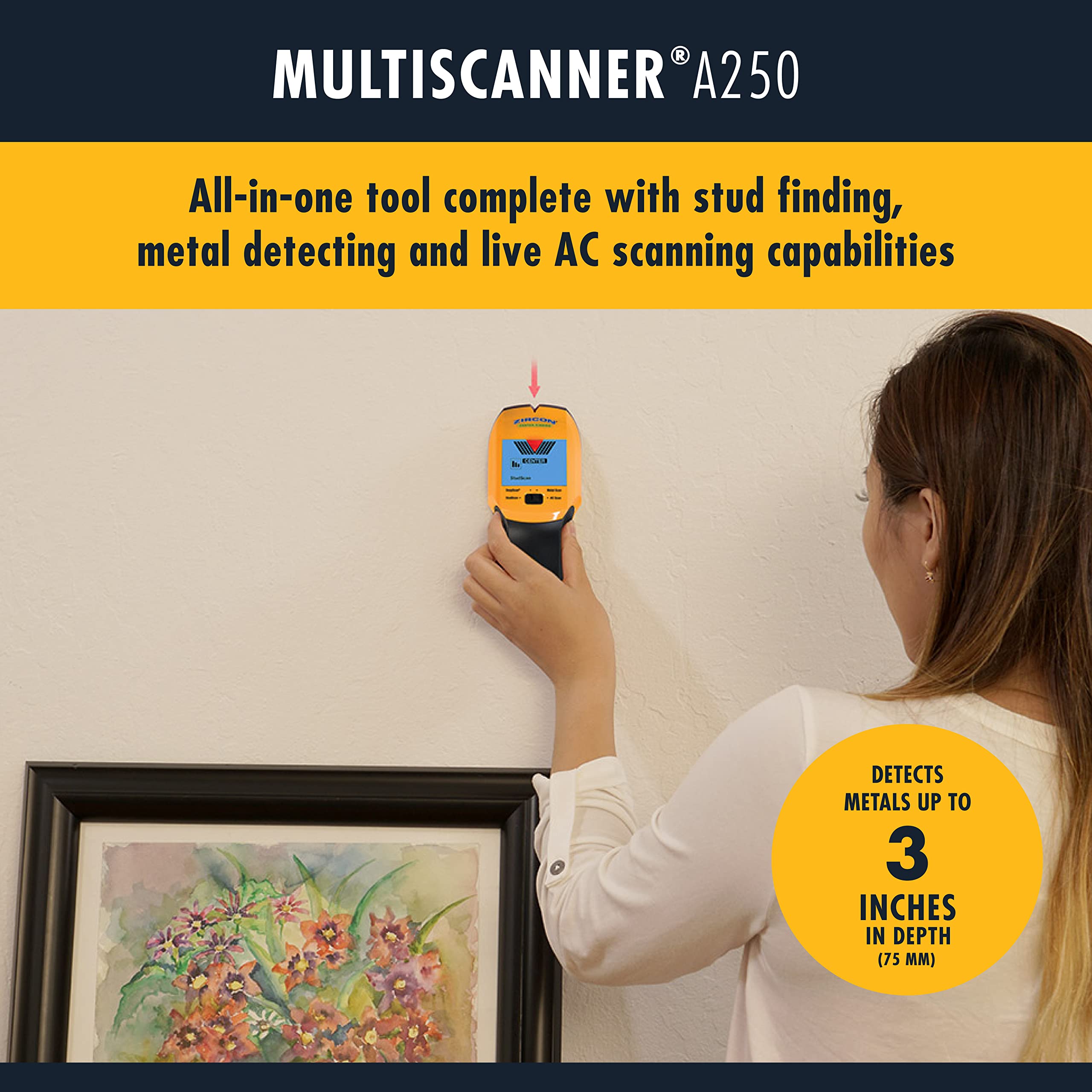 Zircon MultiScanner A250 LCD display shows signal strength and live wire alerts.