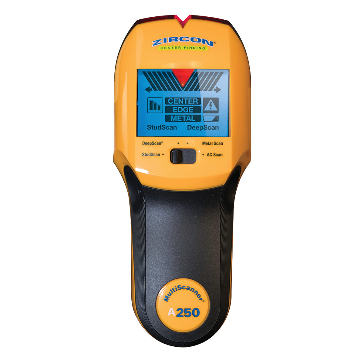 Zircon MultiScanner A250 SpotLite Pointer highlights stud centers for precise drilling.