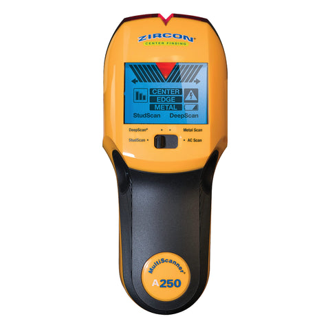Zircon MultiScanner A250 SpotLite Pointer highlights stud centers for precise drilling.