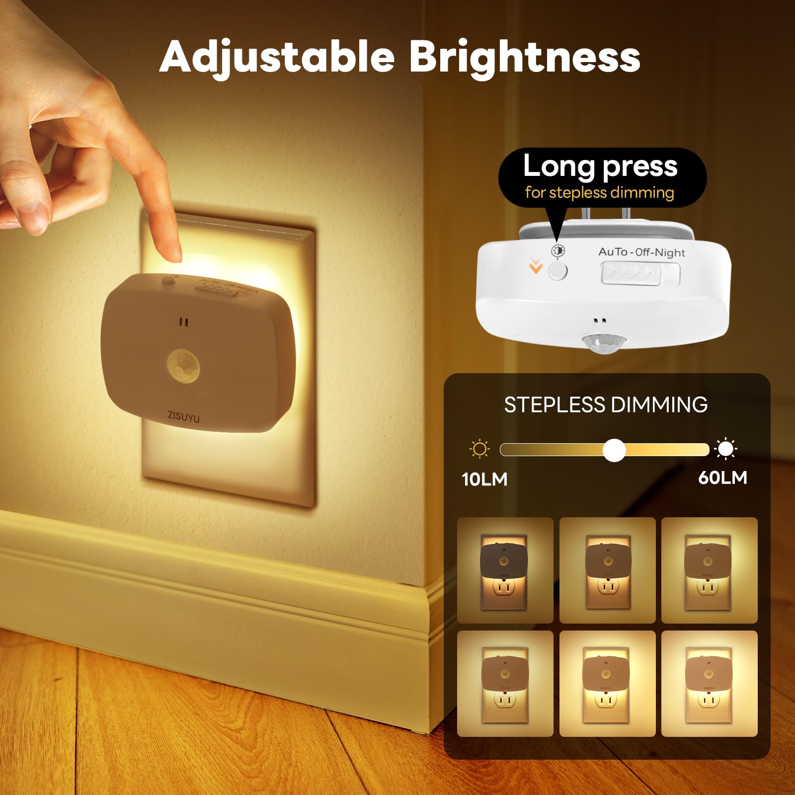 ZISUYU 10-60lm dimming lets you tailor brightness for mood and safety.