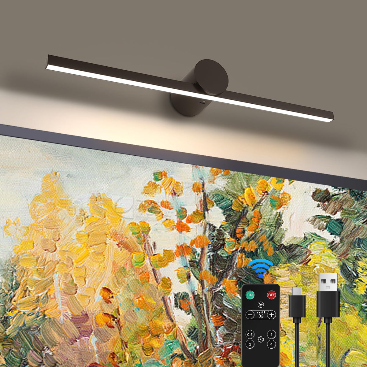 ZitoStory battery-operated picture light with remote mounted on wall brightens artwork