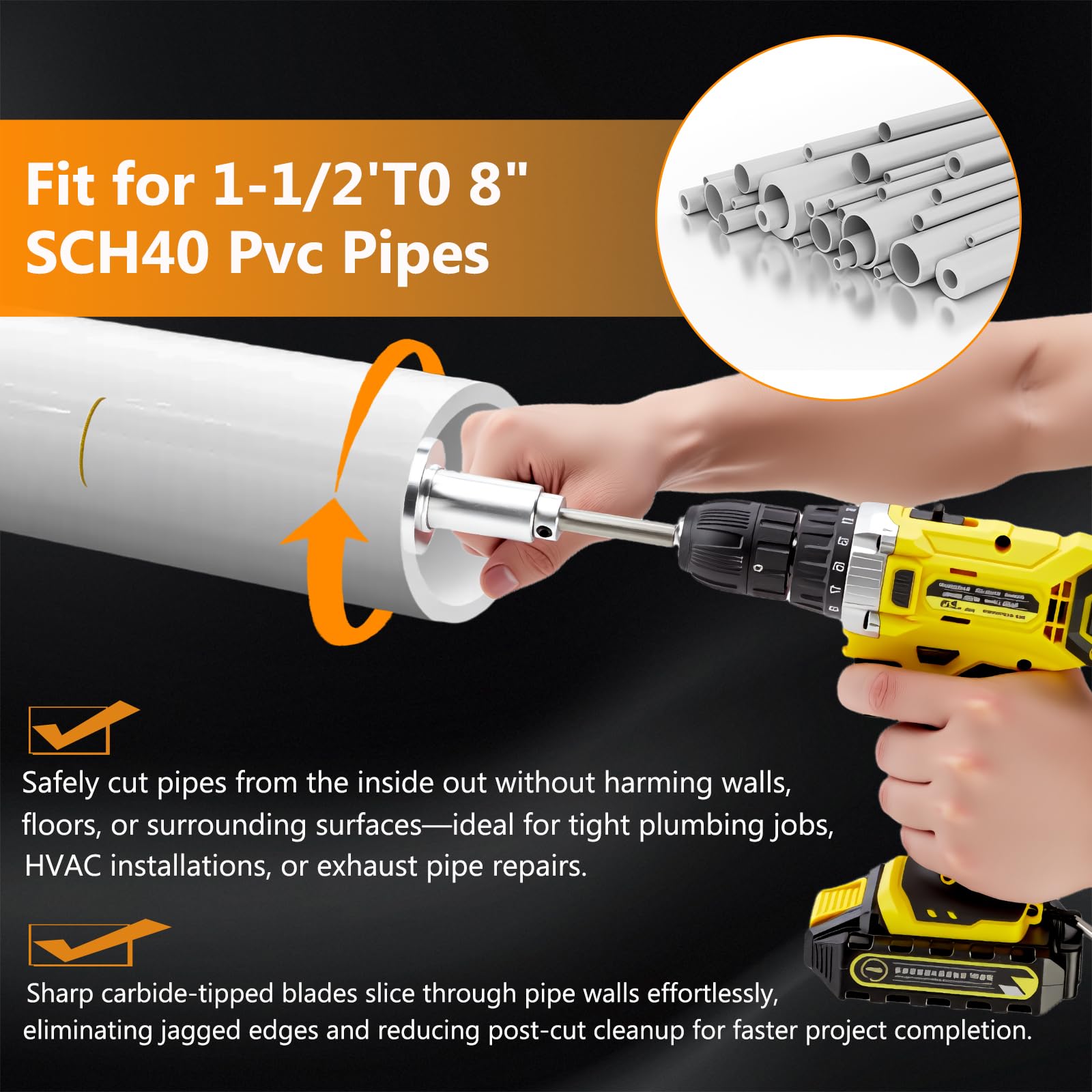 ZJFLNZYC carbide-tipped blades slice smoothly through pipes.