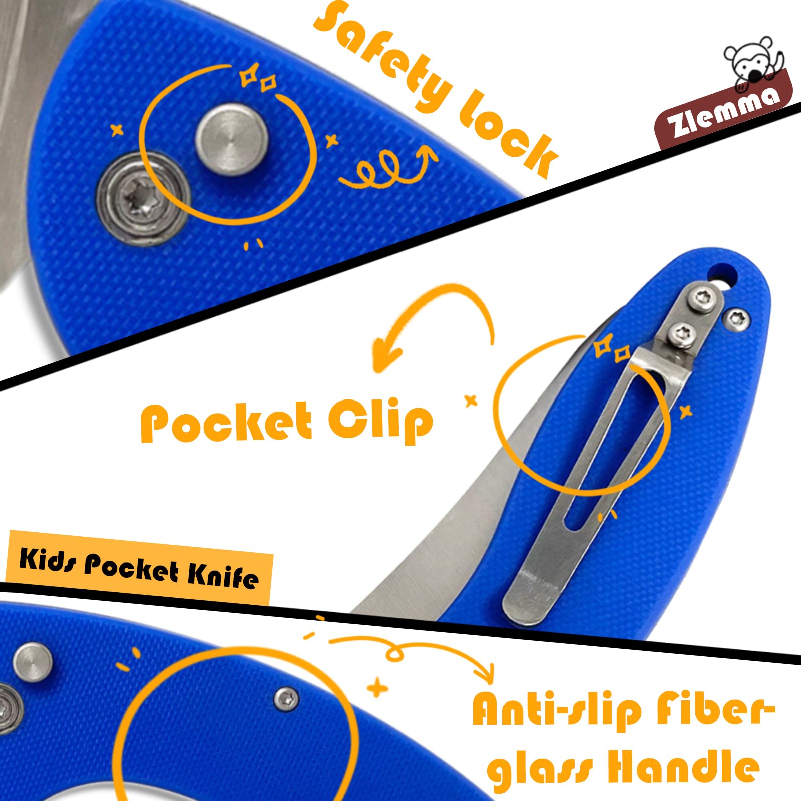 ZLemma blue blade on ZLemma Kids Knife demonstrates sharpened steel for reliable cuts.