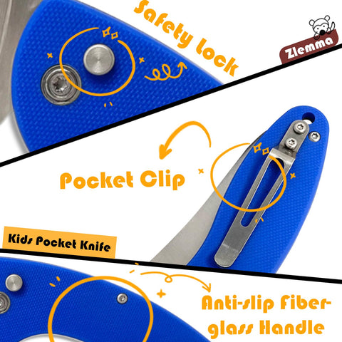ZLemma blue blade on ZLemma Kids Knife demonstrates sharpened steel for reliable cuts.
