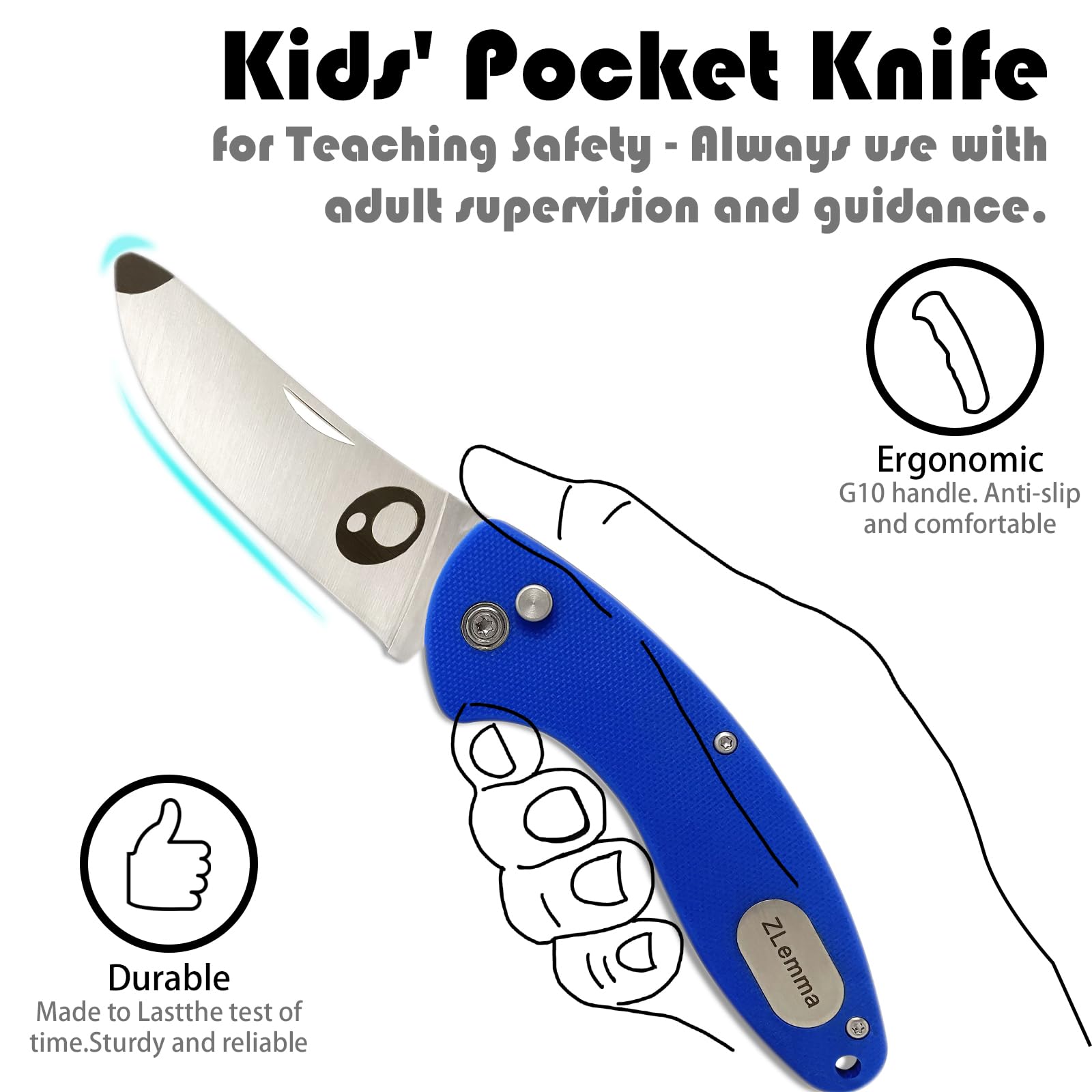 ZLemma blue G10 handle detail emphasizes durable, grippy construction for kids.
