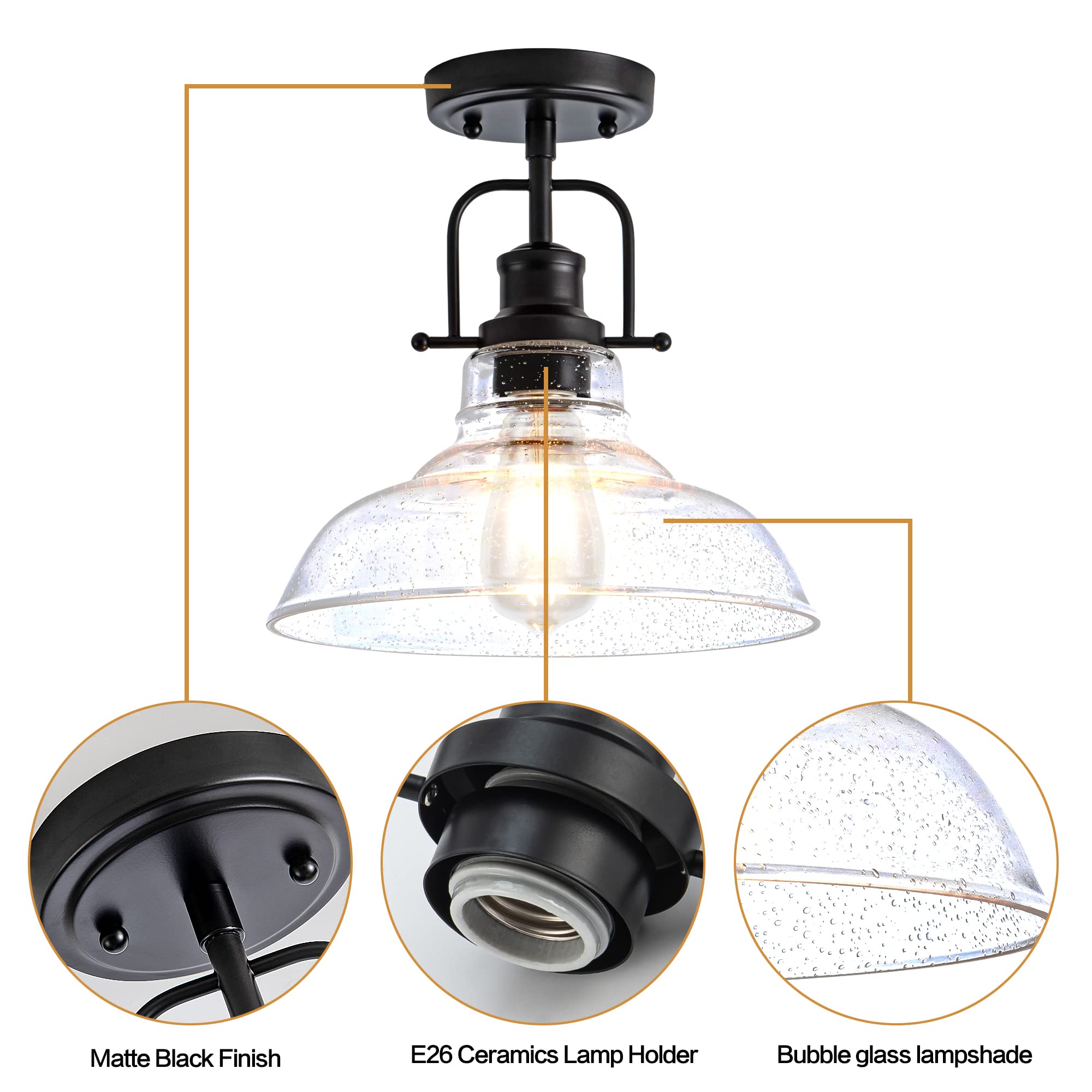 Seeded glass diffuser complements the compact 11 inch fixture