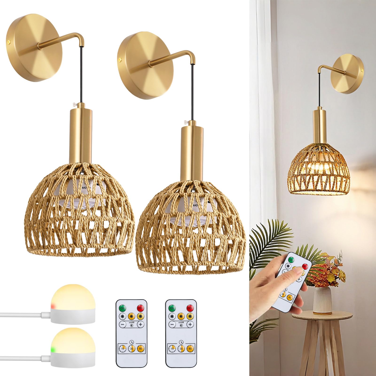 Zlierop boho battery wall sconce with rattan shade and gold base, ideal for two-pack living areas