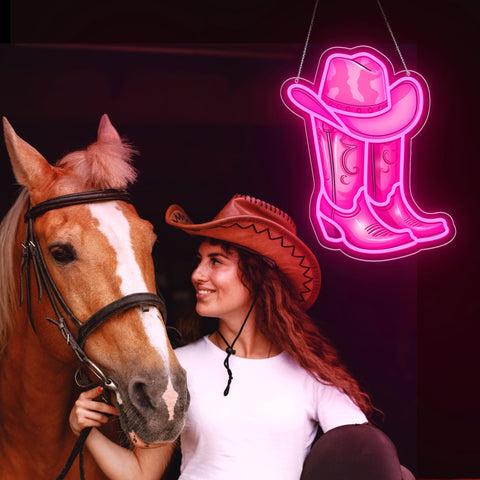 ZLOOREE pink cowgirl boot neon sign adds vibrant focal point to rooms.