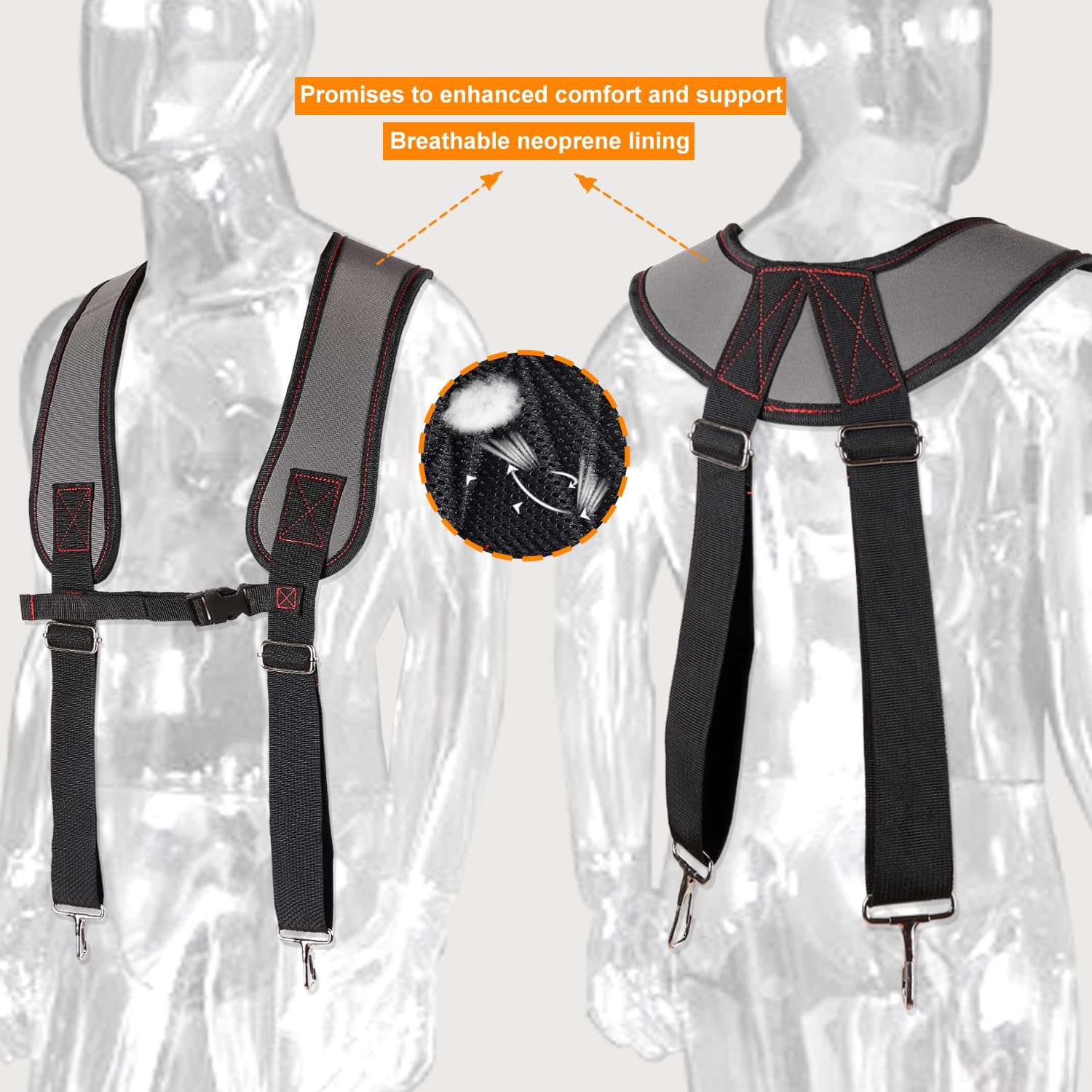 ZMGM tool belt with suspenders adjustable waist fits 32 to 66 inches.