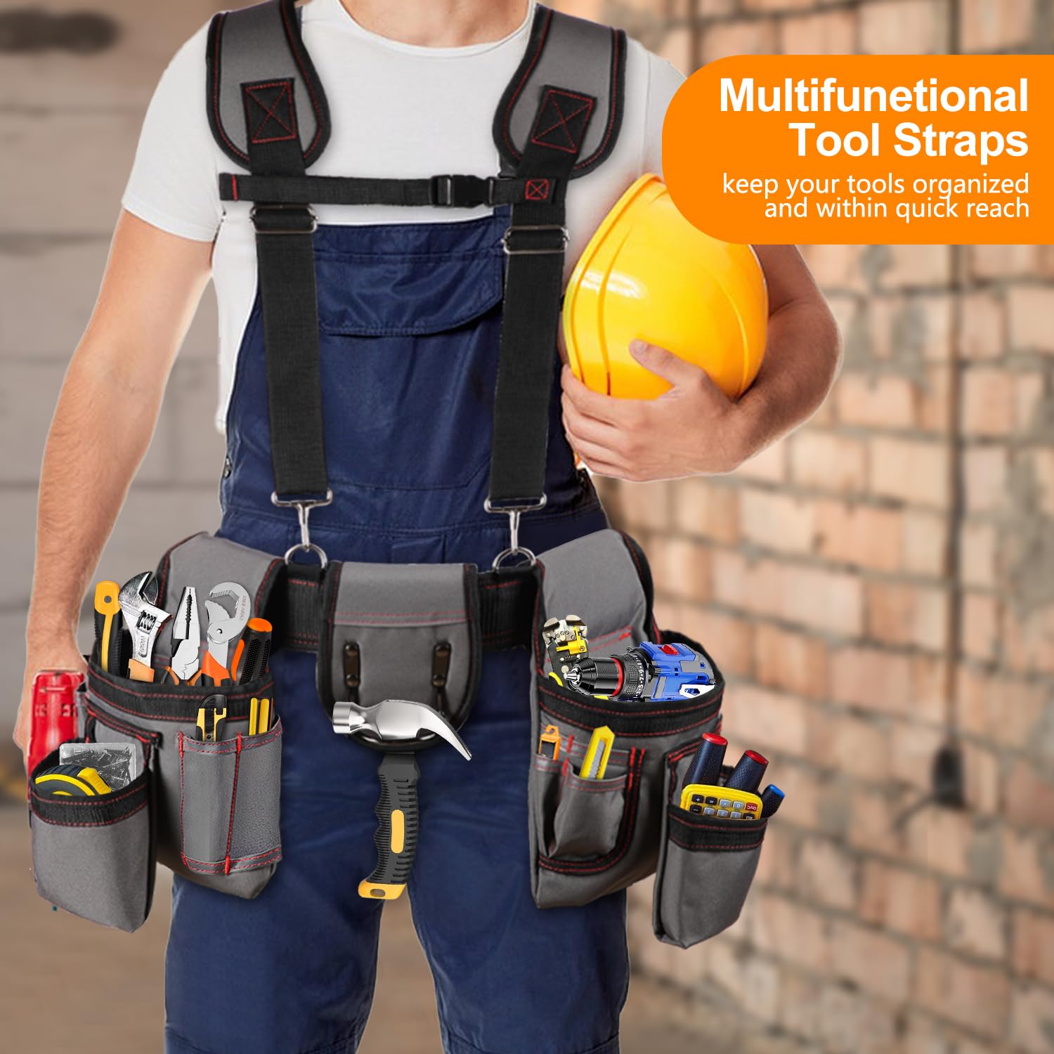 ZMGM tool belt with suspenders on-site use in construction and carpentry tasks.