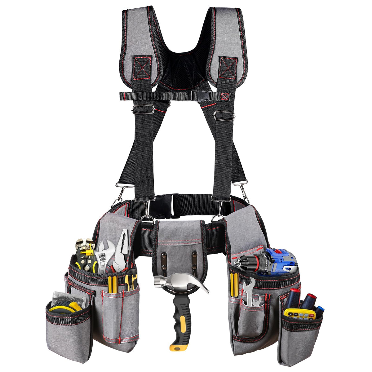 ZMGM tool belt with suspenders overview image shows organized pockets for quick access.