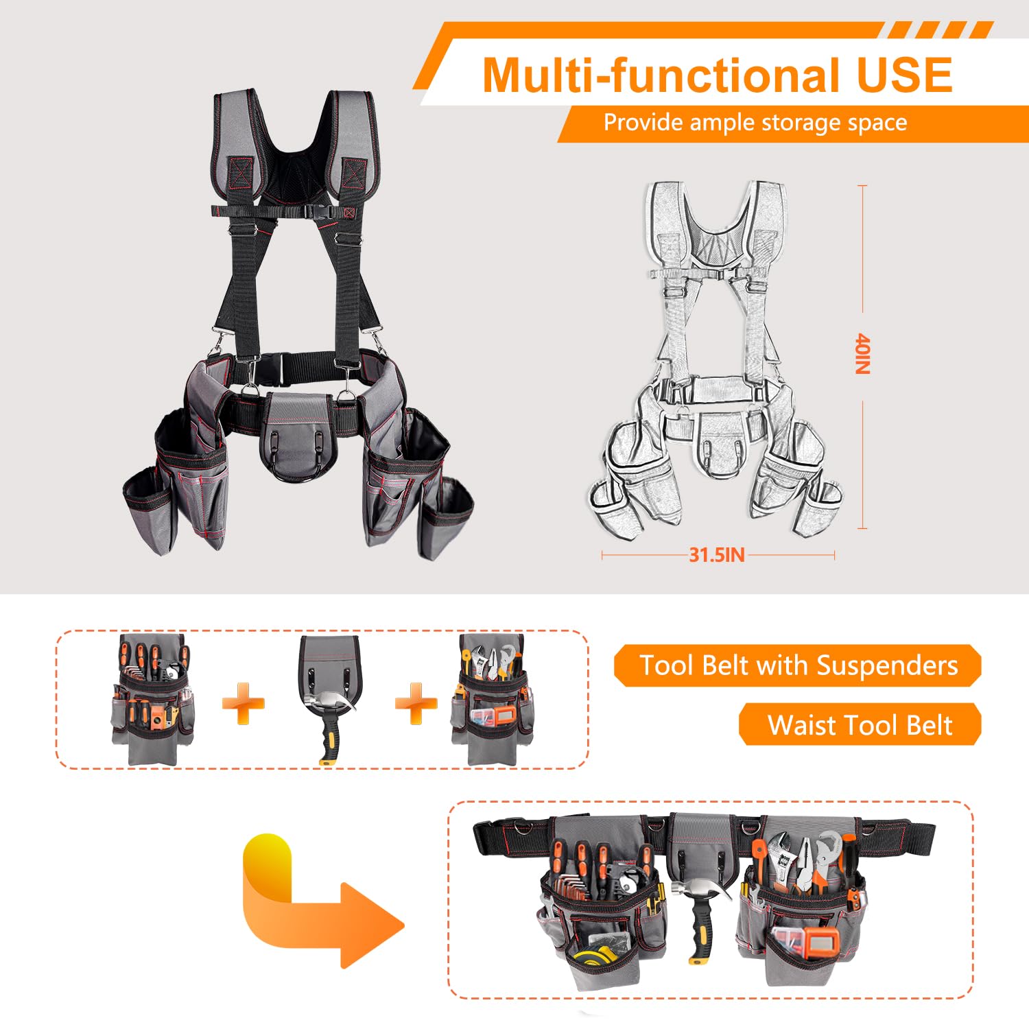 ZMGM tool belt with suspenders quick-release buckle in action for easy wear.