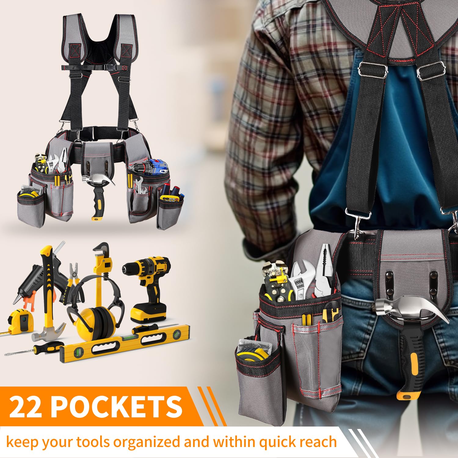 ZMGM tool belt with suspenders padded shoulder straps reduce fatigue.