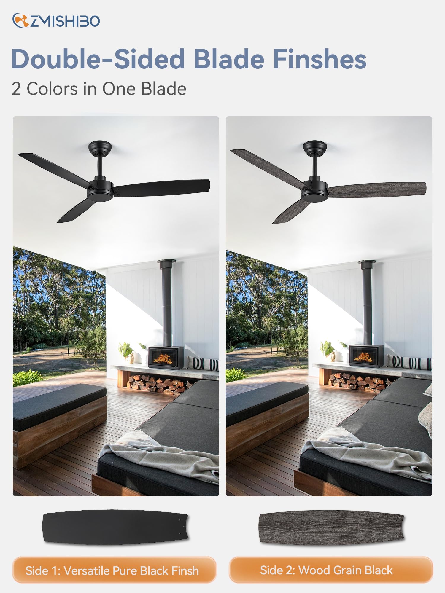 ZMISHIBO ceiling fans installed in a living room showcasing quiet airflow