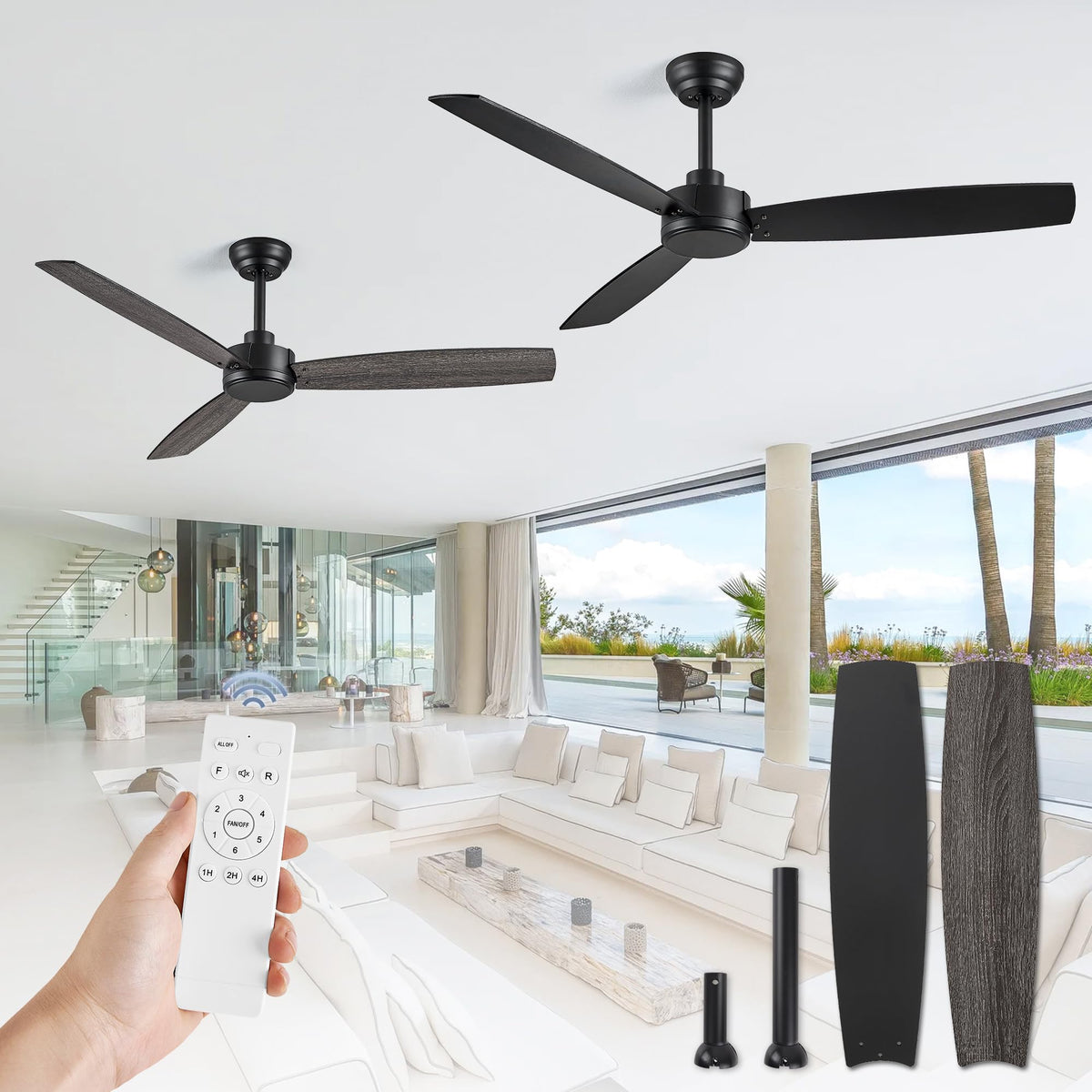 ZMISHIBO 2-pack 52-inch fans in box ready for installation, indoor-ready and outdoor-friendly