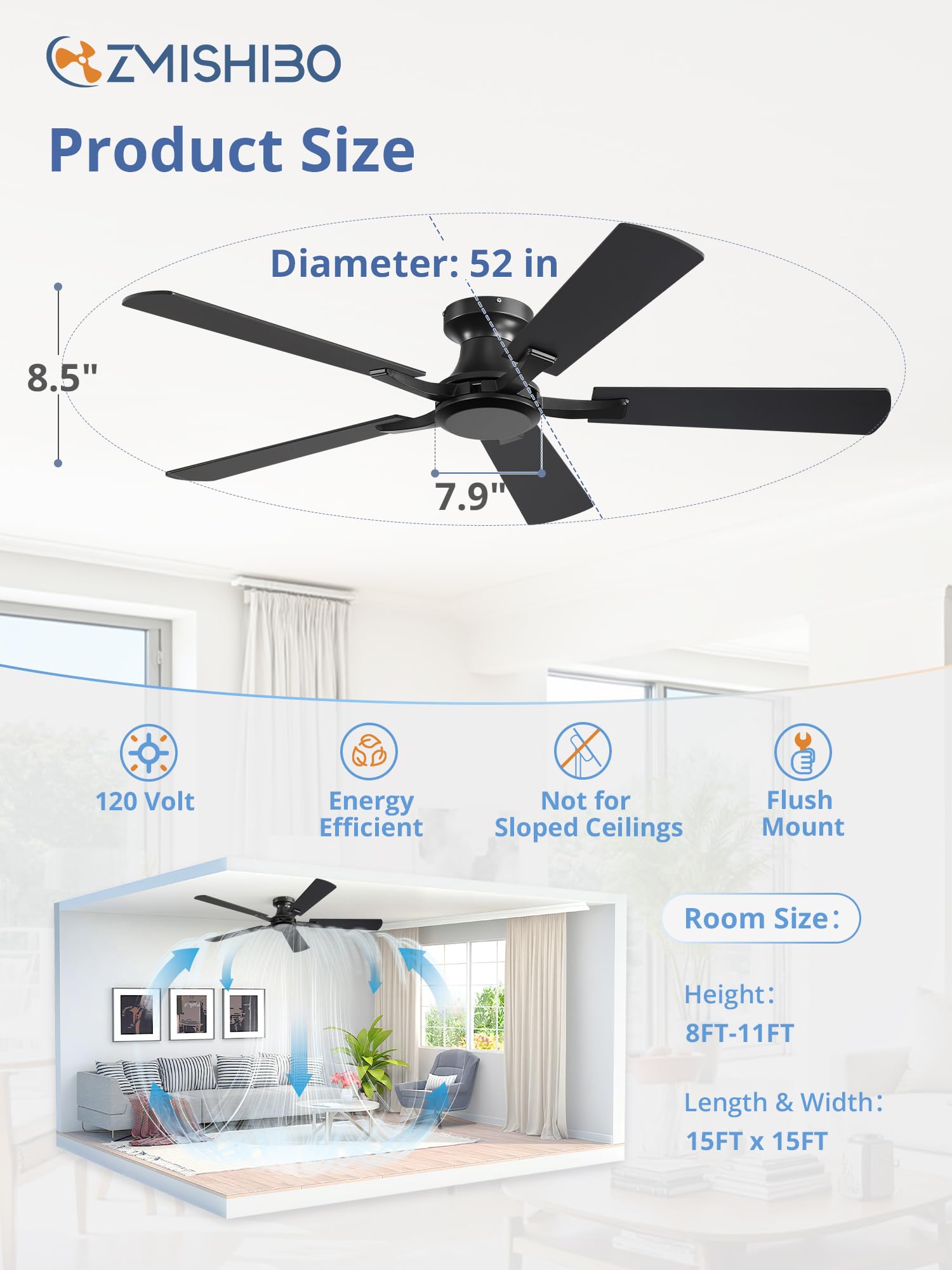 ZMISHIBO 52-inch no-light low-profile design fits tight ceilings.