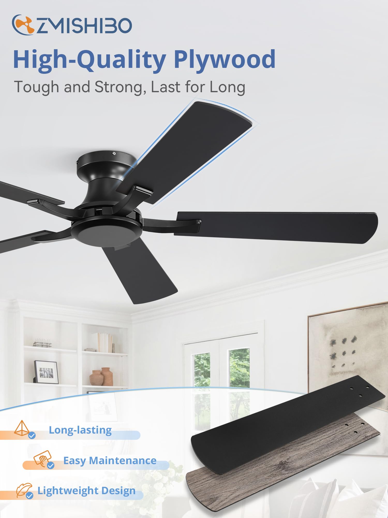 ZMISHIBO 52-inch no-light wide-airflow directs air precisely to living areas.