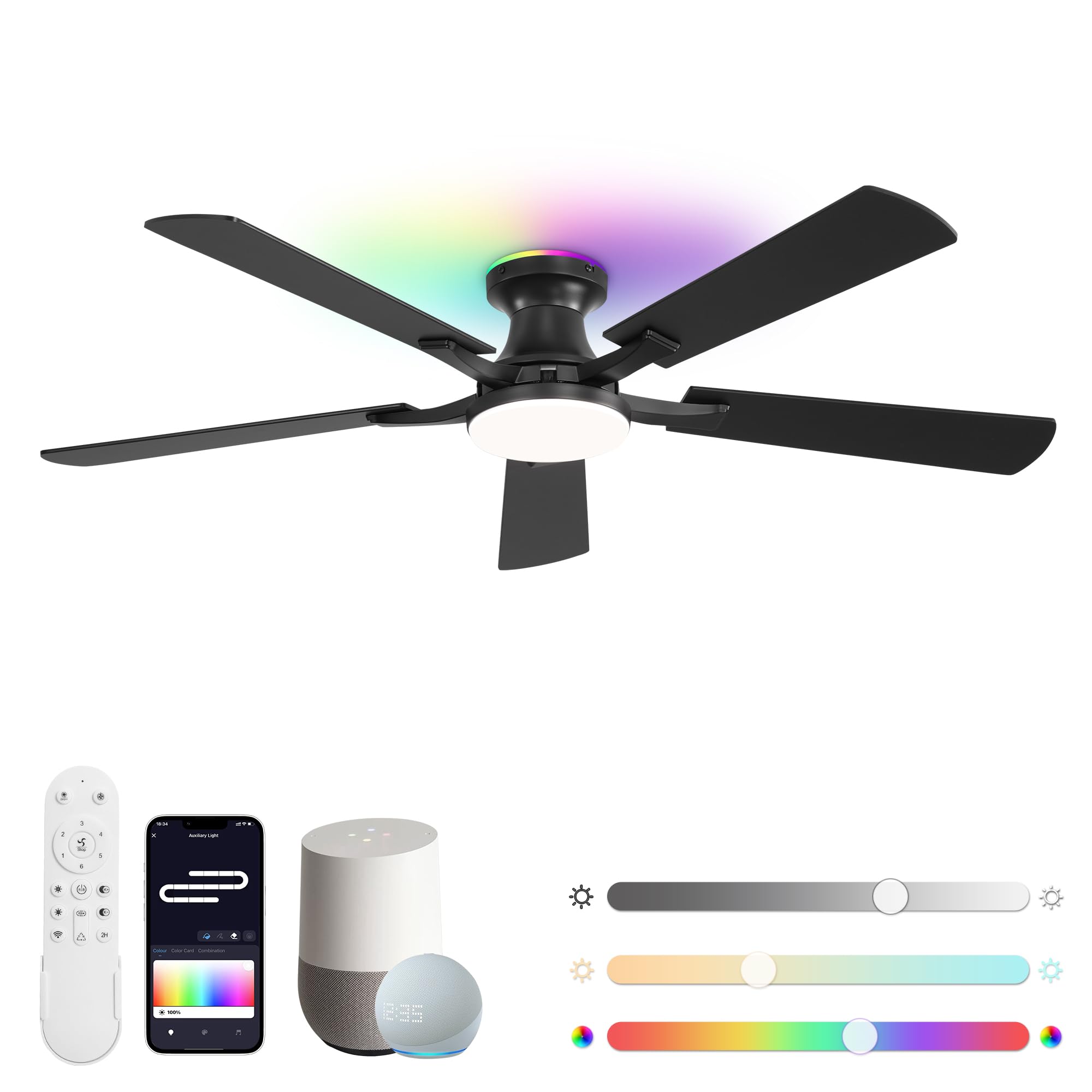 ZMISHIBO 52-inch smart ceiling fan with RGB light for living room ambiance.