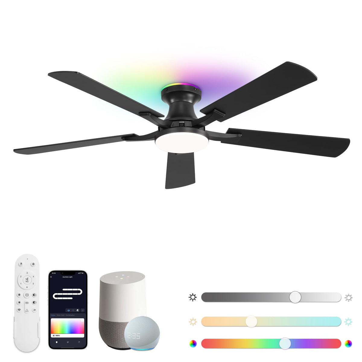 ZMISHIBO 52-inch smart ceiling fan with RGB light for living room ambiance.