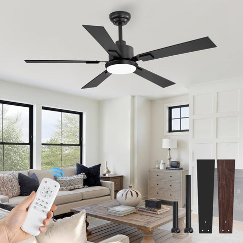 ZMISHIBO 52-inch black ceiling fan with LED light for living rooms.