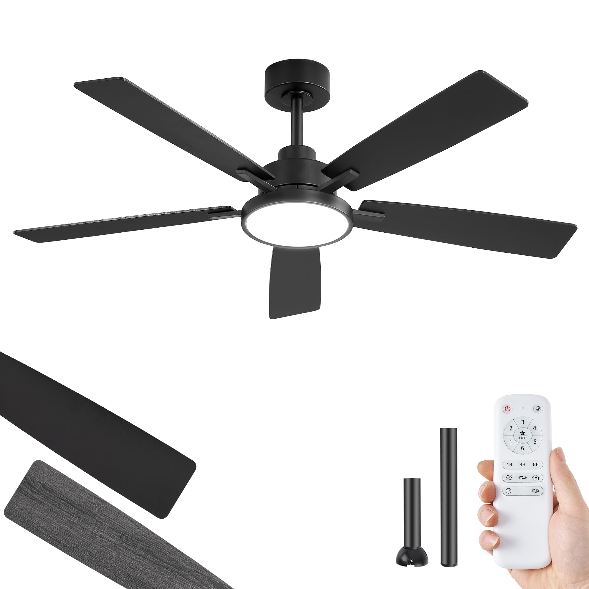 ZMISHIBO 52-inch black ceiling fan with remote enhances living room airflow and lighting.