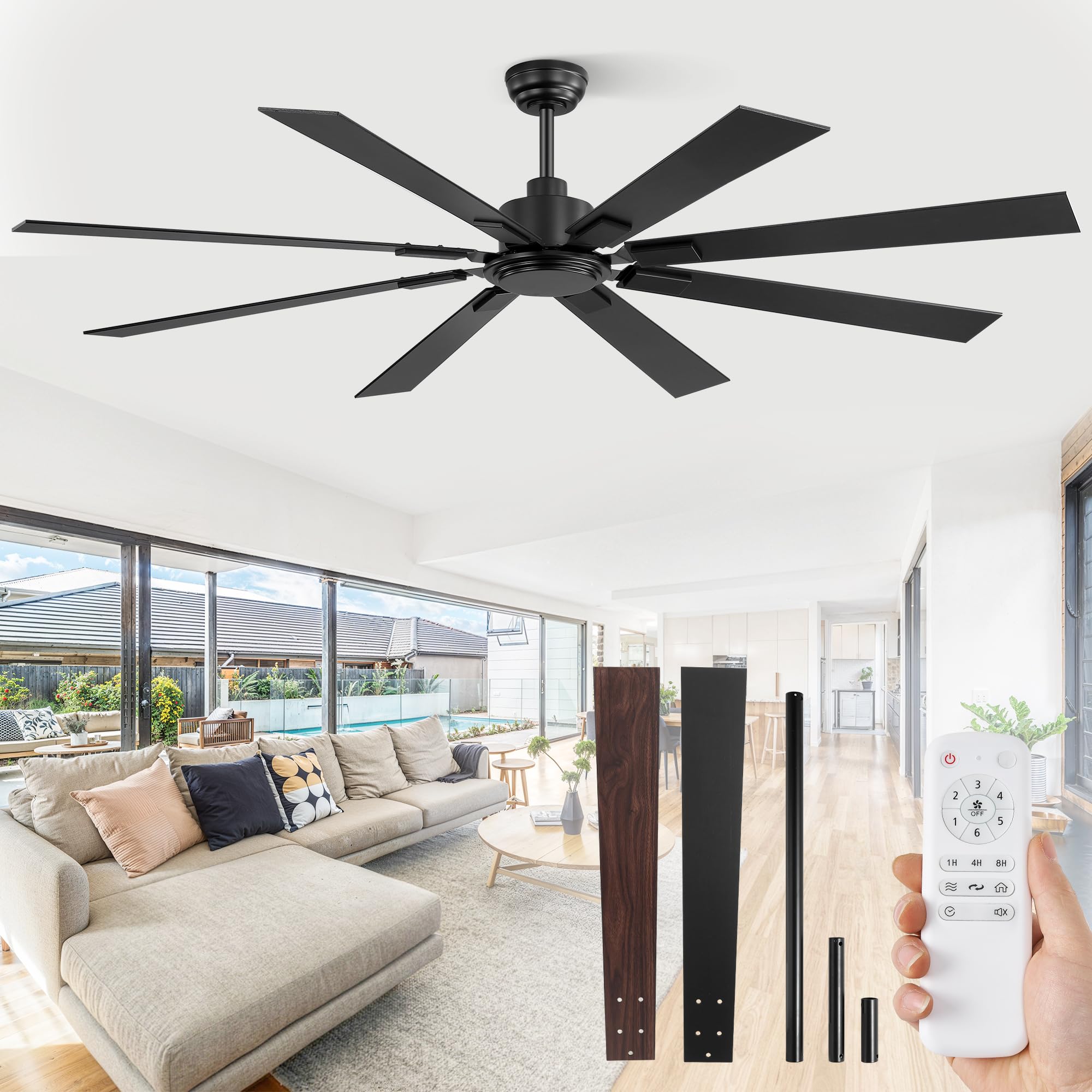 ZMISHIBO 72-inch ceiling fan with remote in black finish for quiet indoor/outdoor cooling