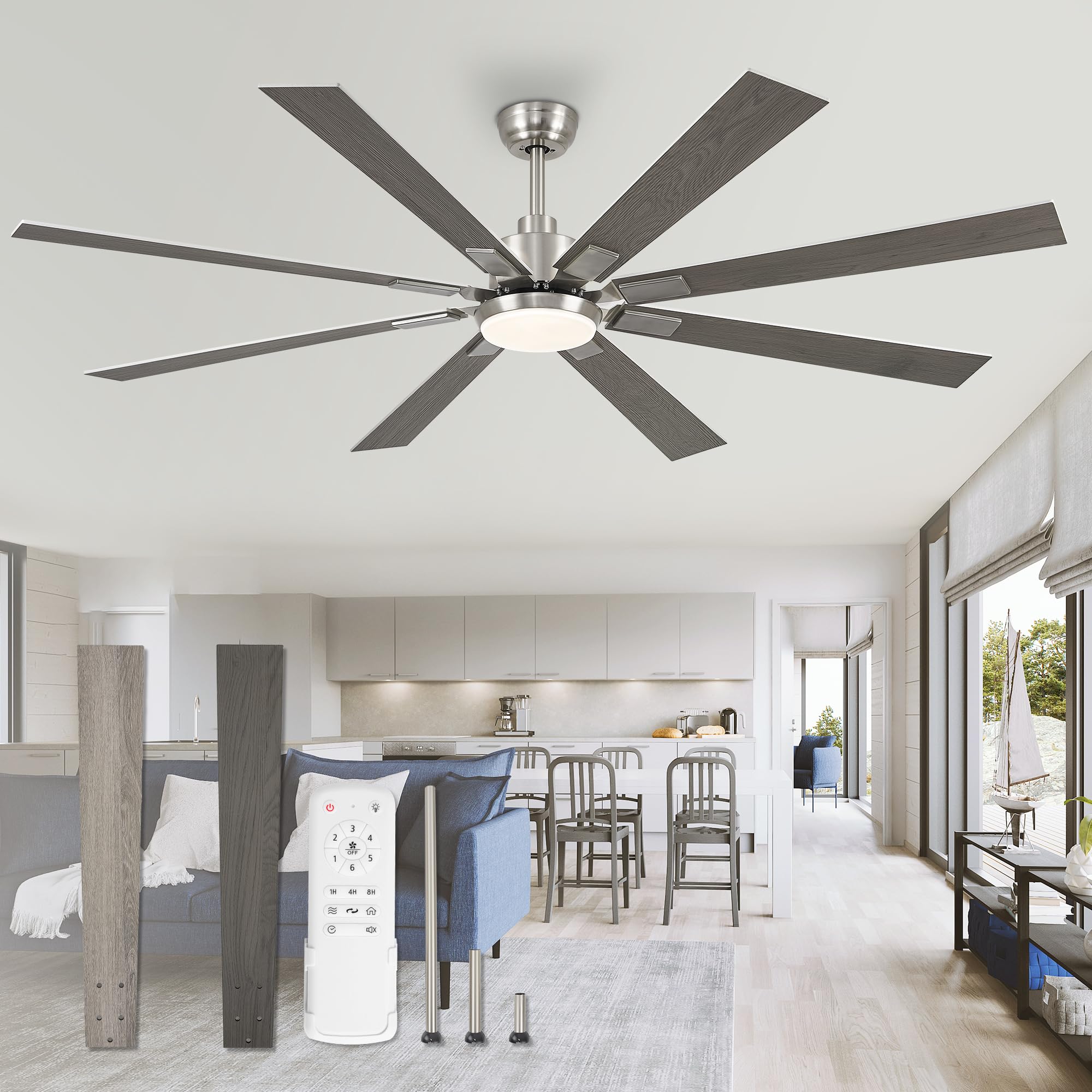 ZMISHIBO 72-inch ceiling fan with light in brushed nickel for spacious living rooms