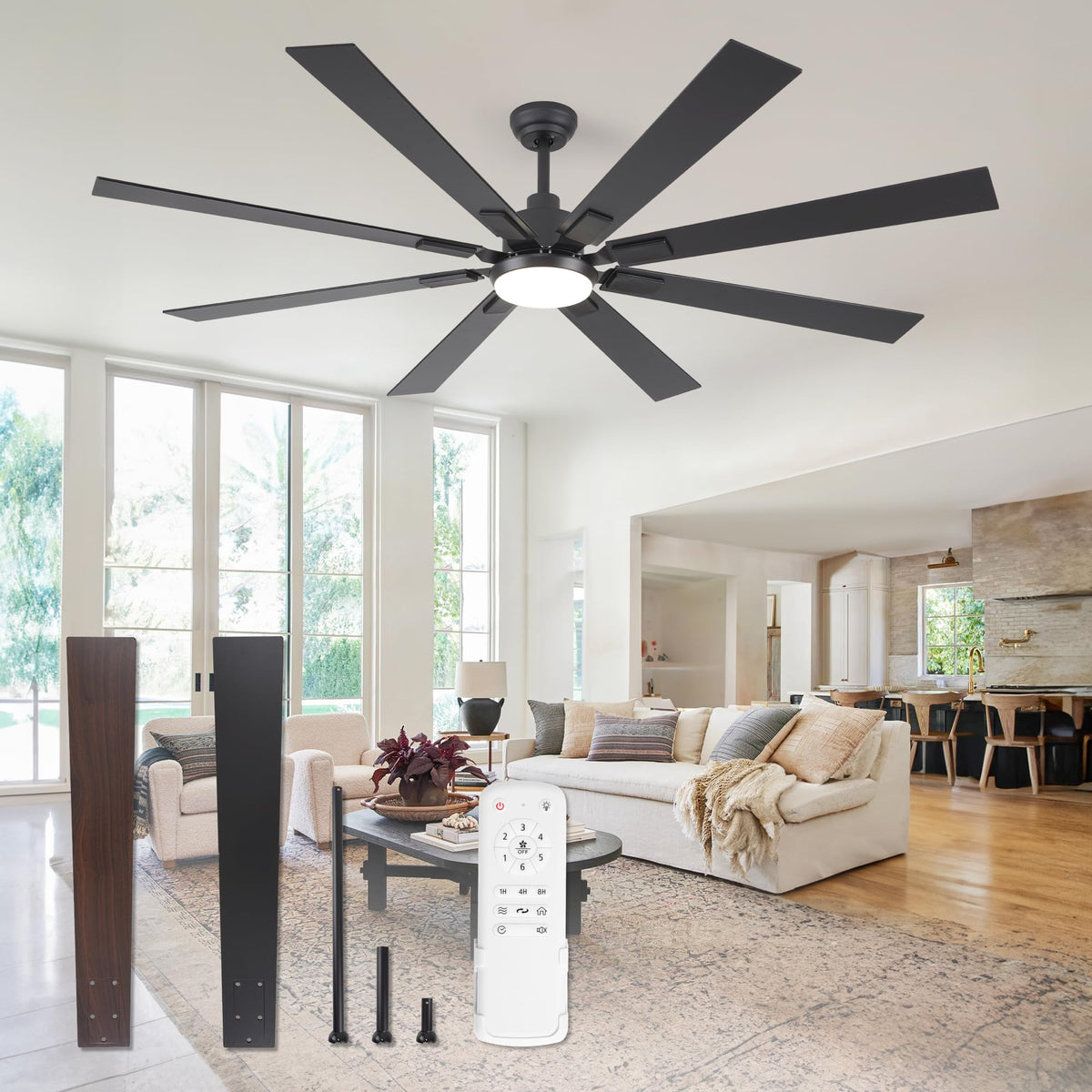 ZMISHIBO 72-inch ceiling fan shown the front view in a large living space.