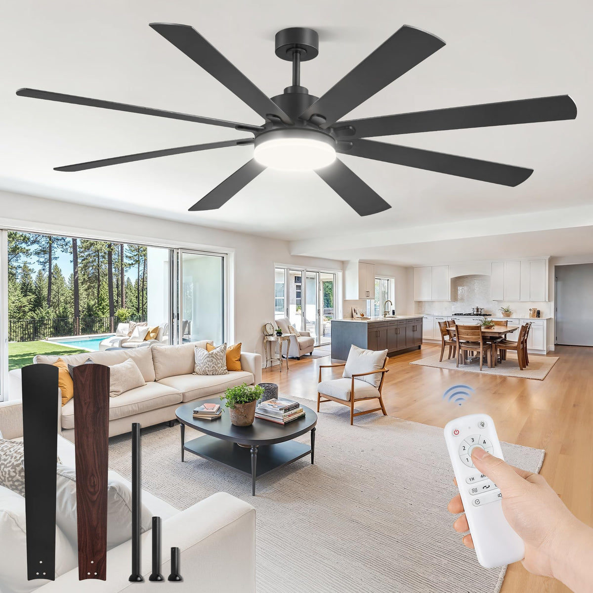 ZMISHIBO 72-inch ceiling fan with LED panel for broad living room lighting