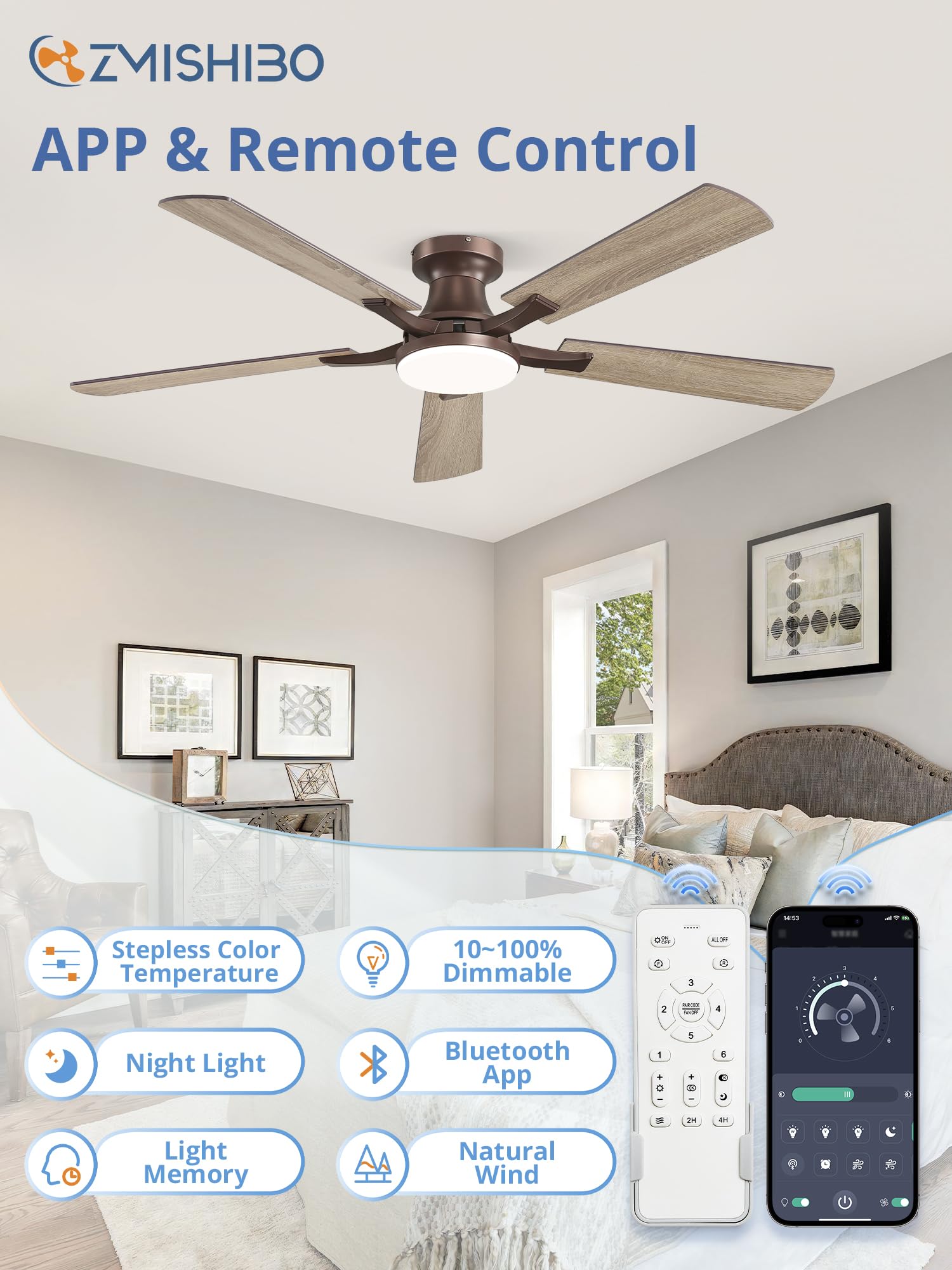ZMISHIBO app and remote control for easy lighting and speed adjustments.