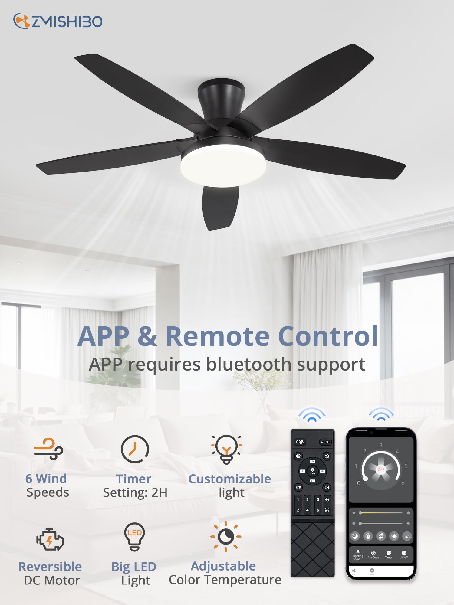 Black flush-mount ceiling fan viewed at an angle for modern spaces.