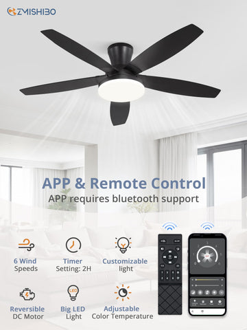 Black flush-mount ceiling fan viewed at an angle for modern spaces.