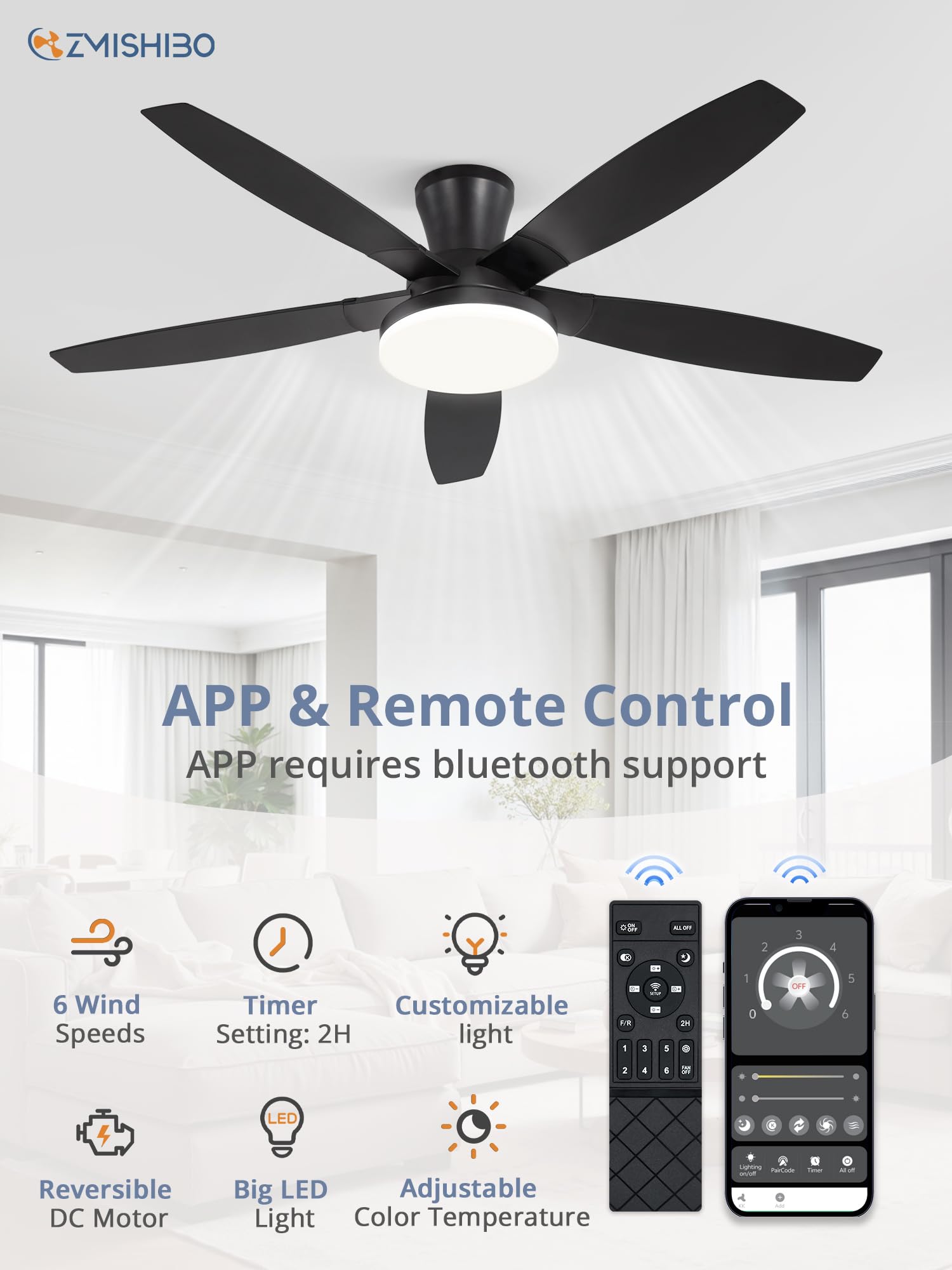 ZMISHIBO black low-profile ceiling fan in modern bedroom