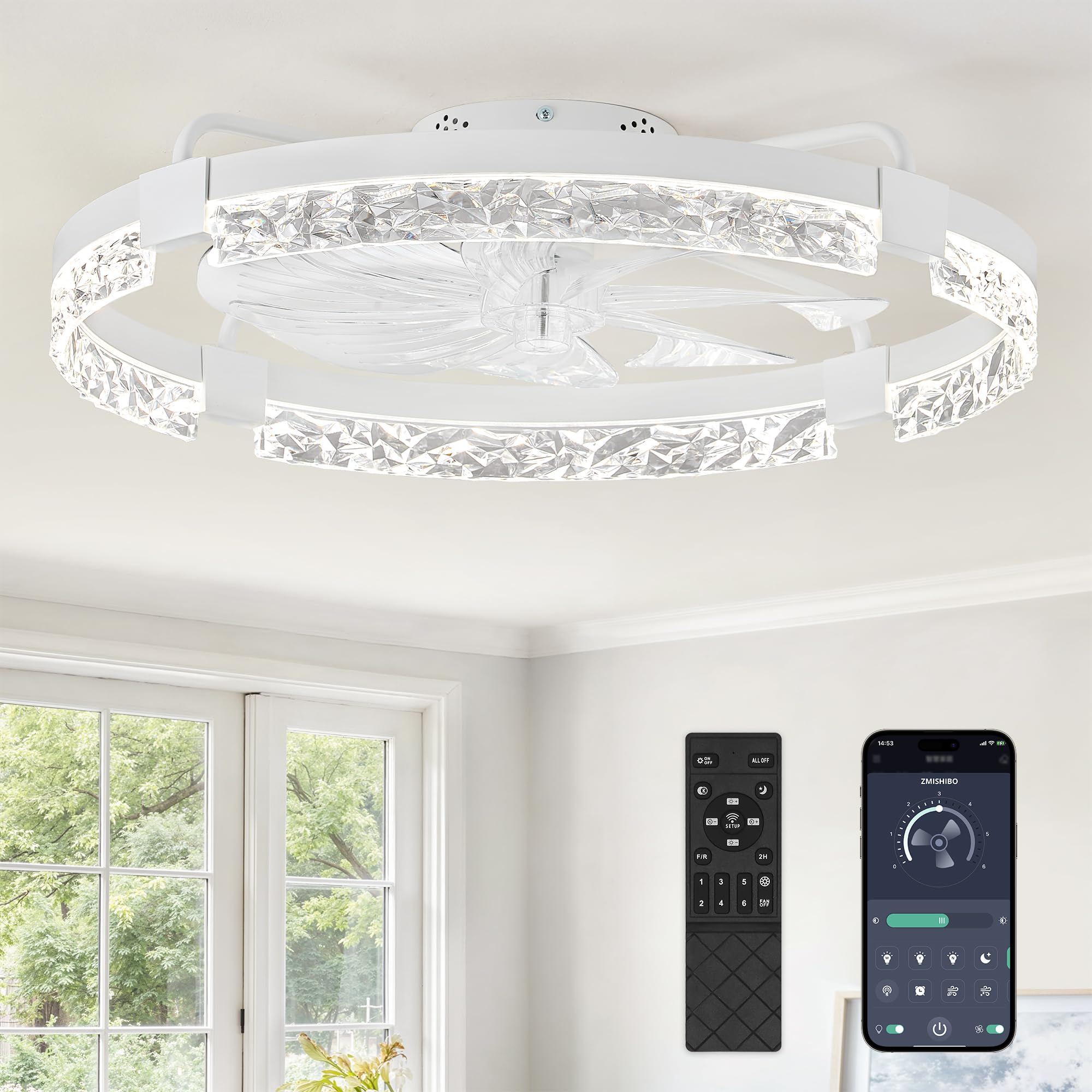 ZMISHIBO ceiling fan with remote for easy speed and light control.