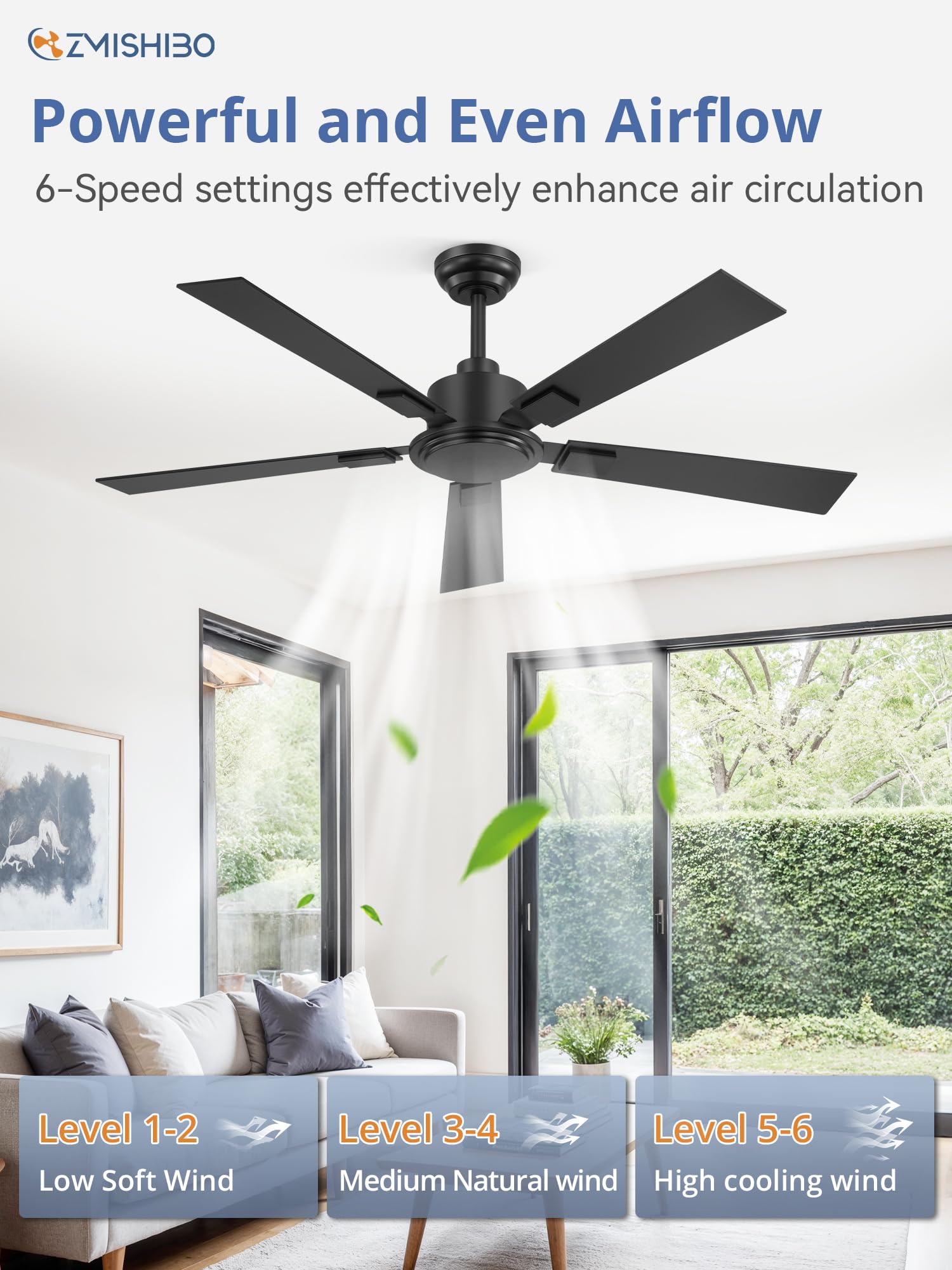 ZMISHIBO 5-inch downrod supports tall ceilings for optimal blade clearance