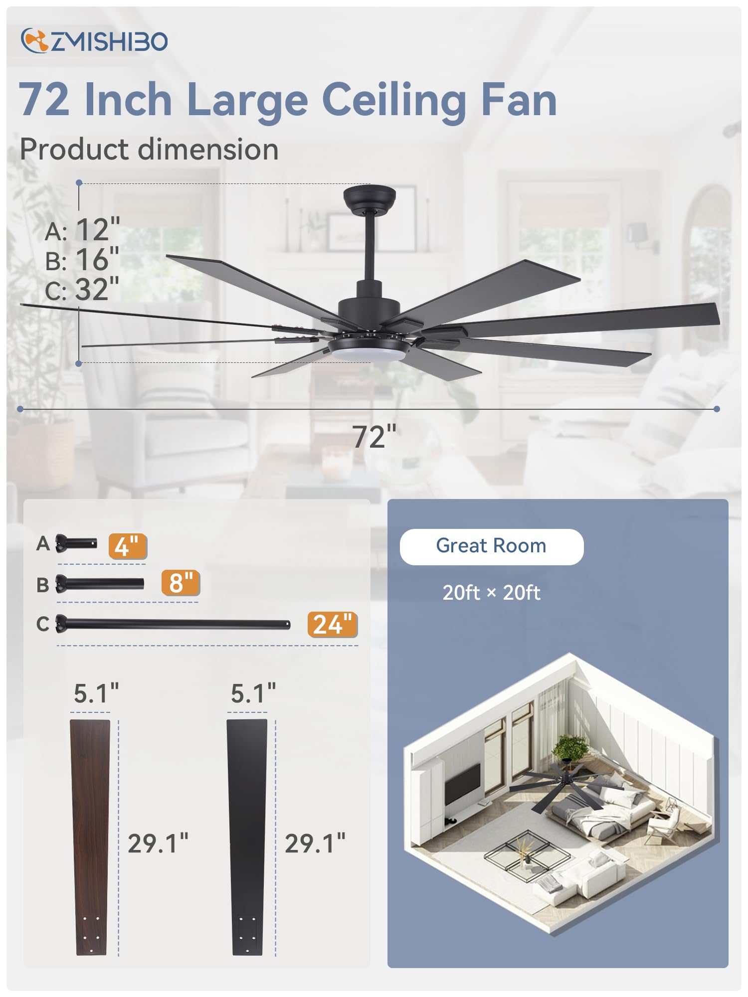 Included downrods for flexible installation on various ceiling heights.