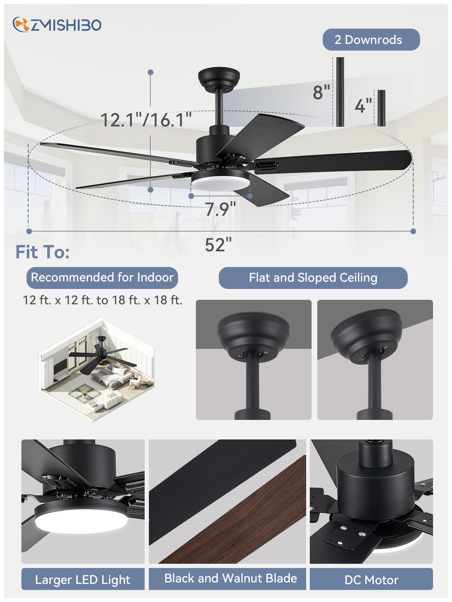 Includes 4-inch and 8-inch downrods for flexible installation