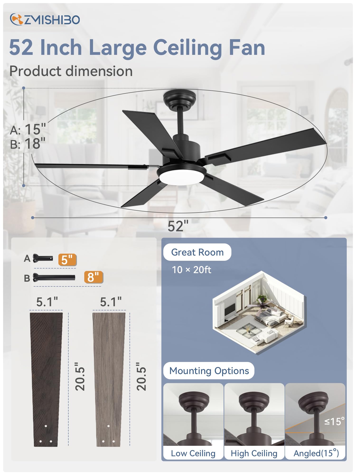 ZMISHIBO dual-finish blades enhance decor with black-walnut contrast.