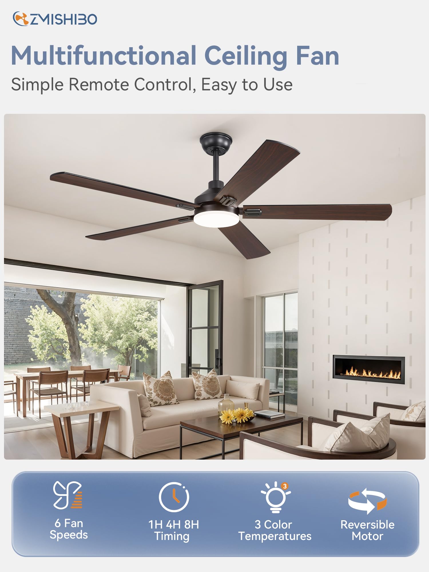 Dual finish blades in walnut and black add farmhouse style to any room.