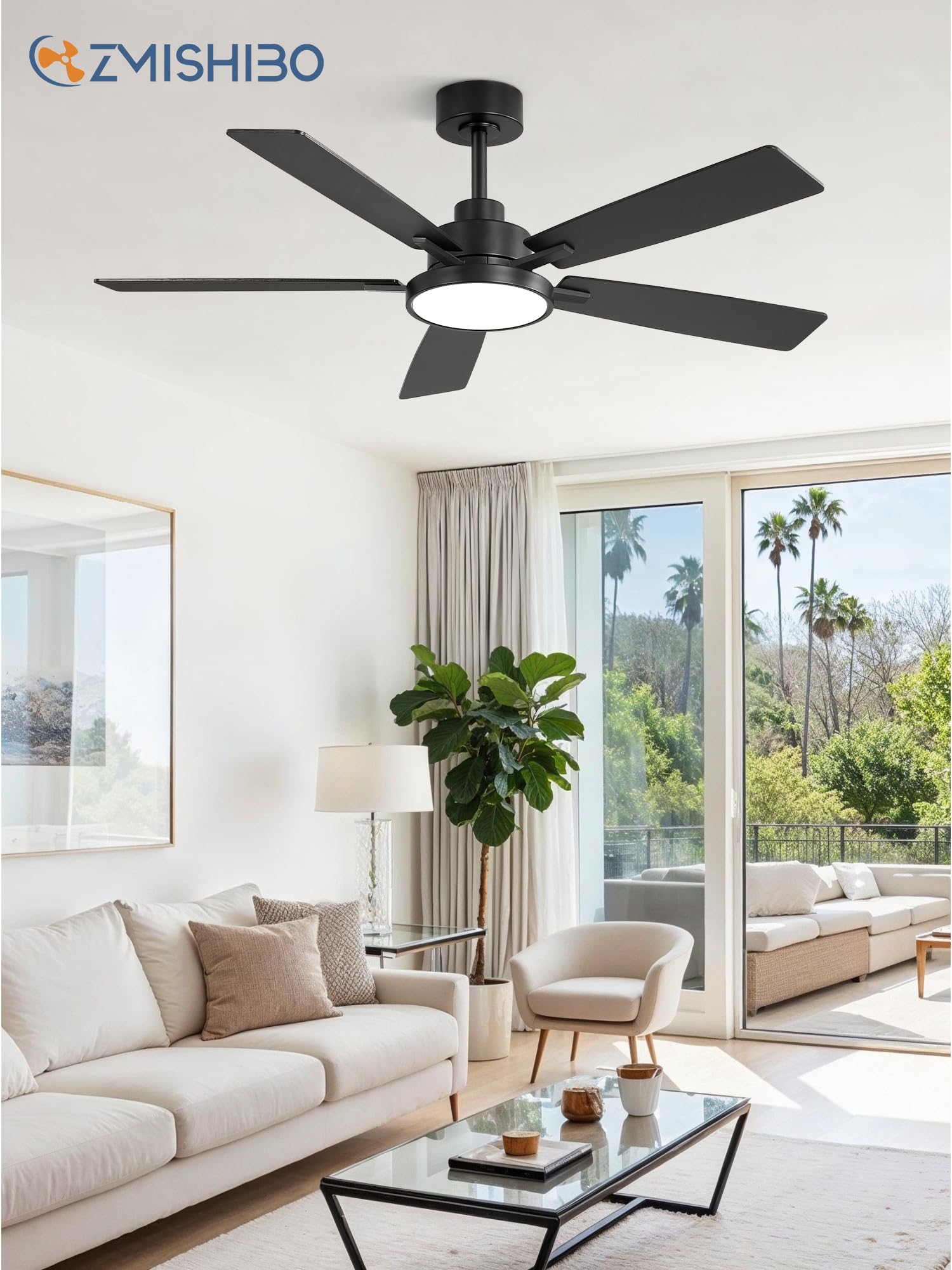 ZMISHIBO energy-efficient ceiling fan quietly circulates air in open plan spaces.