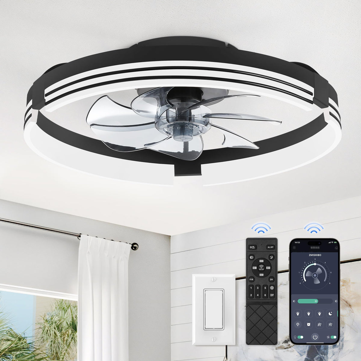 ZMISHIBO low-profile ceiling fan with light close-up showing dimmable LED glow