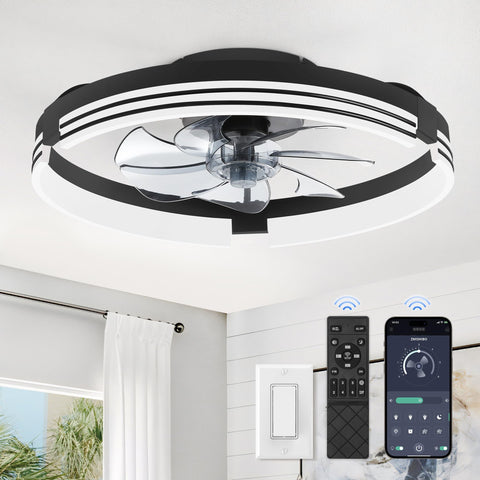 ZMISHIBO low-profile ceiling fan with light close-up showing dimmable LED glow
