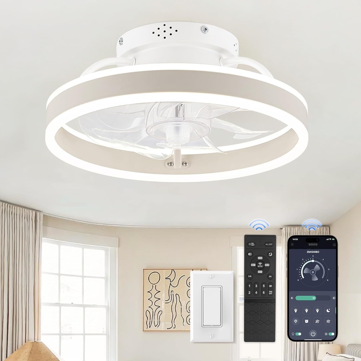 ZMISHIBO Low Profile Fandelier with remote for easy cool airflow and lighting control.