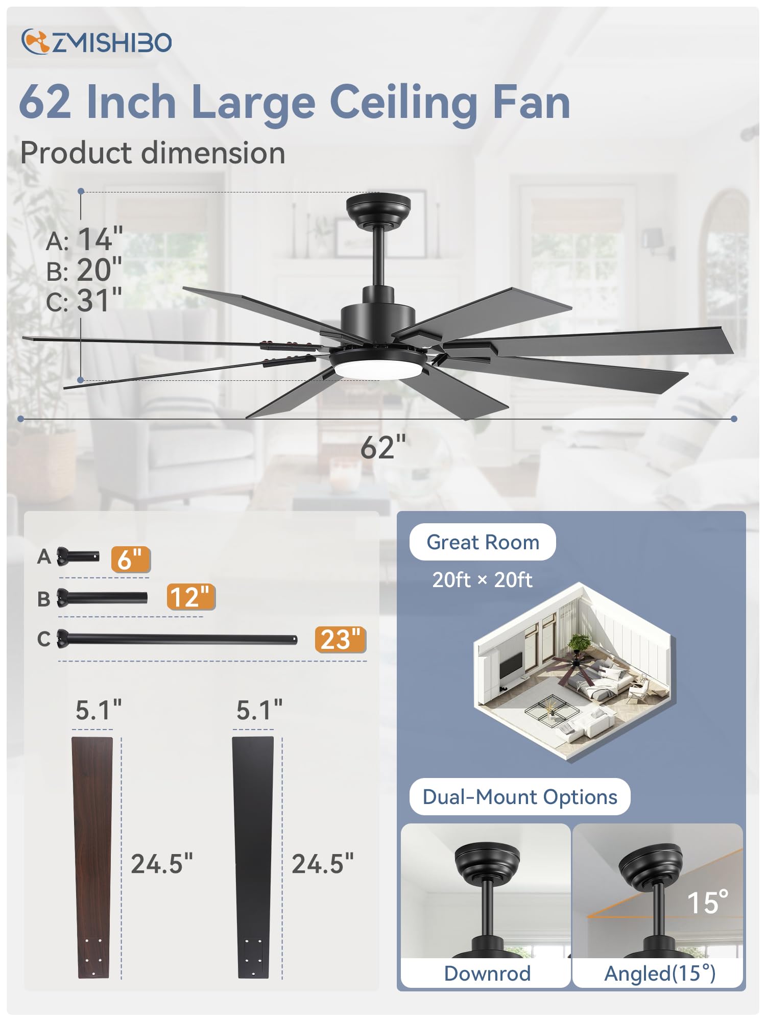 ZMISHIBO six-speed DC motor delivers efficient cooling for rooms.