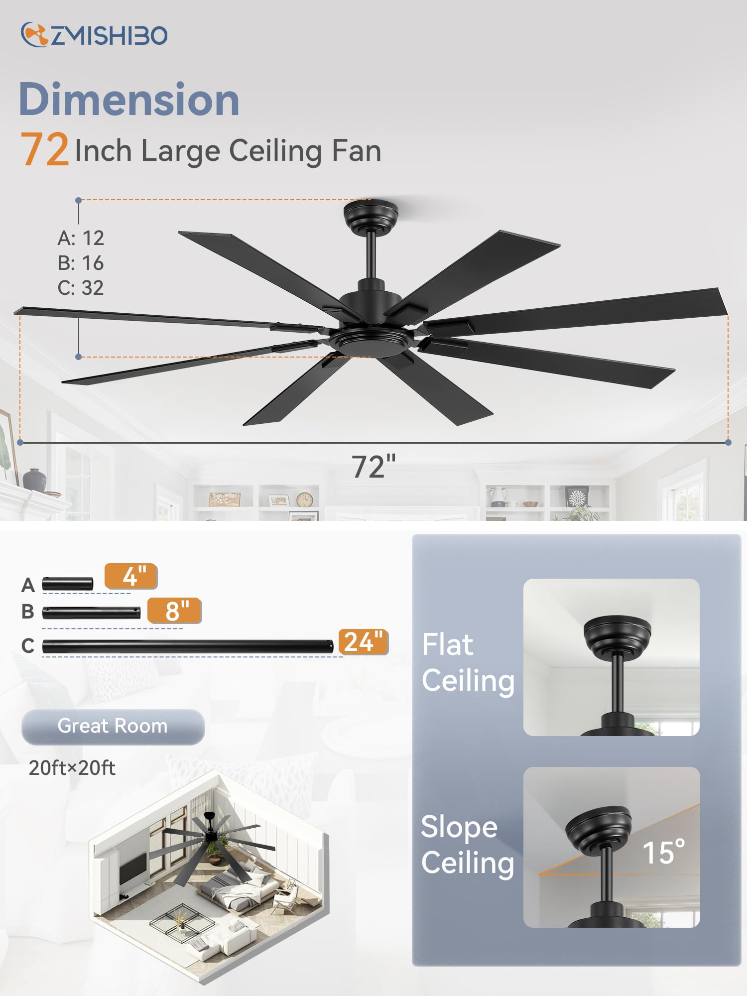 ZMISHIBO slope-capable design supports ceilings up to 15 degrees